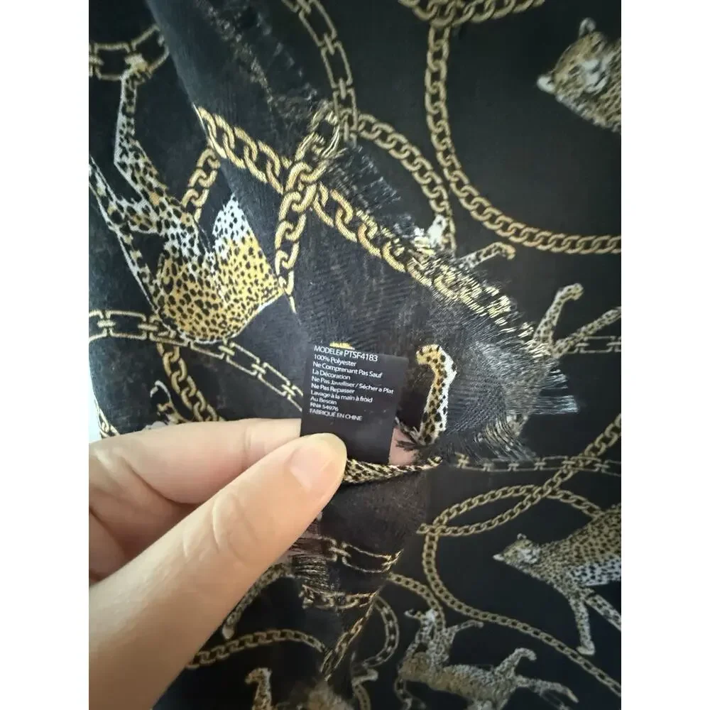 Black Leopard Chain Print Scarf 21x72 Animal Print Fringe Lightweight Wrap Shawl
